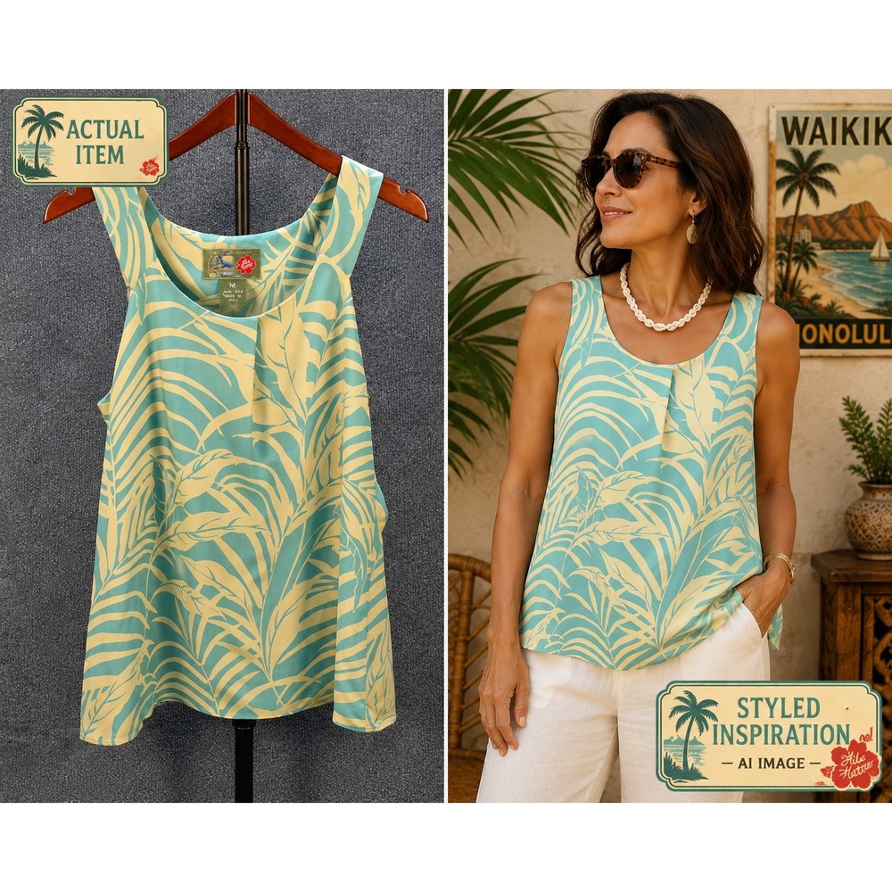 Hilo Hatties Silk Tank Top Womens Tropical Palm Leaf Blue Cream M Excellent Boho